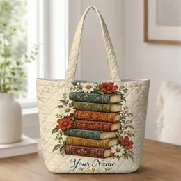 Vintage Book Stack With Daisies for Cottagecore Reading Nooks and Book Lovers Quilted Tote Bag