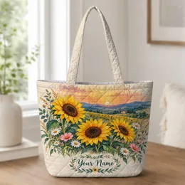 Sunflower Meadow Sunset for Cottage Laundry Days and Cheerful Nature-Loving Homes Quilted Tote Bag