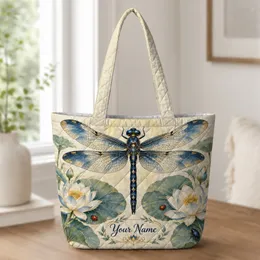 Navy Dragonfly Lotus Garden for Nature Lovers and Birthday Gifts for Women and Moms Quilted Tote Bag