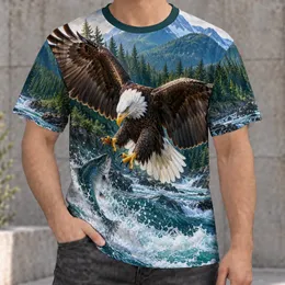 Leaping River Fish Evergreen Forest Mountain River Valley Bald Eagle Grabbing Fish Over River All-over Print Unisex T-shirt