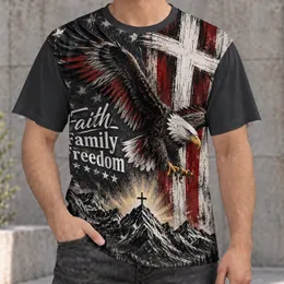 Bald Eagle Flag Cross Mountain Faith Family Freedom Patriotic Weekend Wear for Men All-over Print Unisex T-shirt