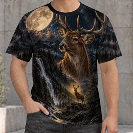 Moonlit Stag and Waterfall Wilderness Scene for Outdoor Adventures and Nature Lovers All-over Print Unisex T-shirt