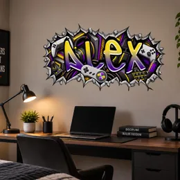 Personalized Gamer Name Wall Decal – Custom 3D Video Game Controller Sticker for Teen Boys Gaming Room, Christmas Gift