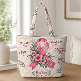Pink Ribbon Floral Hope and Courage Gift for Breast Cancer Survivor Women Support Quilted Tote Bag