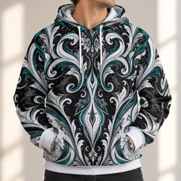 Symmetrical Black White Teal Baroque Scrollwork for Bold Everyday Streetwear All-over Print Hoodie (Lightweight)