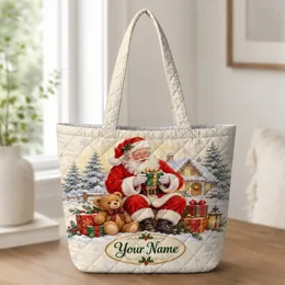 Jolly Santa With Gift Boxes for Cozy Christmas Giving and Winter Holiday Cheer for Her Quilted Tote Bag
