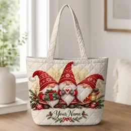 Scandinavian Christmas Gnomes with Holly Gifts for Cozy Holiday Giving and Winter Cheer Quilted Tote Bag