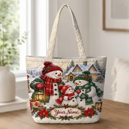 Snowman Family and Christmas Cottage Holiday Cheer for Cozy Winter Gift Giving Season Joy Quilted Tote Bag