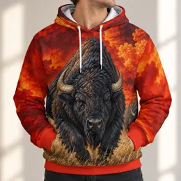 Charging Bison In Fiery Grassland For Bold Outdoor Adventures And Everyday Wear All-over Print Hoodie (Lightweight)