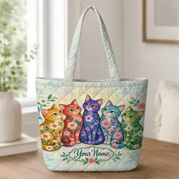 Colorful Five Cat Floral Scene for Cozy Laundry Days and Cottagecore Cat Lovers at Home Quilted Tote Bag