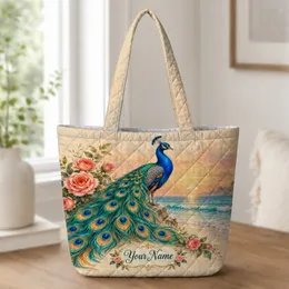 Peacock by a Golden Beach Sunset for Elegant Summer Getaways and Thoughtful Gifts for Her Quilted Tote Bag