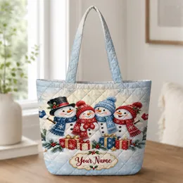 Christmas Snowman Family with Gift Boxes for Festive Winter Celebrations and Holiday Cheer Quilted Tote Bag