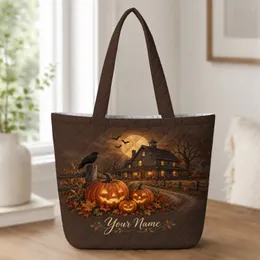 Haunted Pumpkin Farm Under a Full Moon for Halloween Night and Autumn Gift for Her Quilted Tote Bag