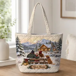 Snowy Cabin and Family Christmas Keepsake for Cozy Rustic Winter Holiday Gatherings Quilted Tote Bag
