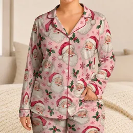 Blush Pink Santa And Snowflakes For Cozy Christmas Holiday Lounging And Winter Mornings Satin Pajamas Set