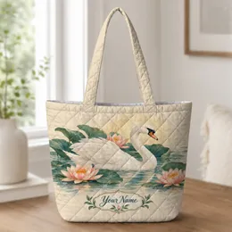Elegant Swan and Water Lily Scene for Graceful Everyday Shopping and Workday Style Quilted Tote Bag