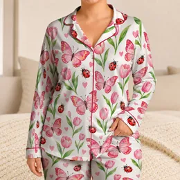 Ladybug Butterfly Hearts and Tulips for Cheerful Summer Lounging and Cozy Gift Giving Satin Pajamas Set