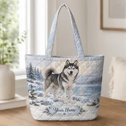 Siberian Husky in Snowy Forest for Winter Walks and Cozy Outdoor Days for Dog Lovers Quilted Tote Bag