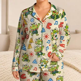 Wide-Eyed Green Frogs and Colorful Letter Blocks for Cozy Lounging and Bedtime Satin Pajamas Set