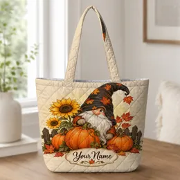 Autumn Gnome with Pumpkins and Sunflowers for Fall Harvest Season Quilted Tote Bag