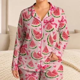 Watermelon Hearts and Pink Bows for Fresh Summer Lounging and Women's Gift Ideas at Home Satin Pajamas Set