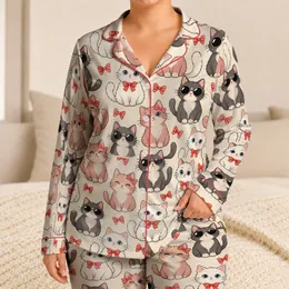 Cute Cat Faces with Bows and Sunglasses for Cozy Nights and Weekend Lounging Gifts Satin Pajamas Set
