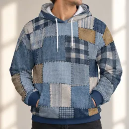 Blue Denim Patchwork Checks For Creative Weekends And Casual Wear Rust Accents All-over Print Hoodie (Lightweight)