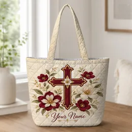 Burgundy Cross and Ivory Florals for Sunday Worship and Faithful Everyday Gift Giving Quilted Tote Bag