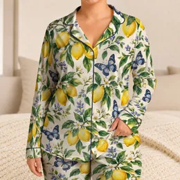 Lemon Branches And Butterflies For Fresh, Relaxing Summer Lounging Satin Pajamas Set