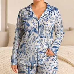 Blue Western Horses, Cacti and Cowboy Hats for Cozy Ranch Nights and Cowgirl Escapes Satin Pajamas Set