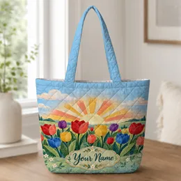 Rainbow Tulip Sunrise Field for Spring Travel and Everyday Outings Quilted Tote Bag
