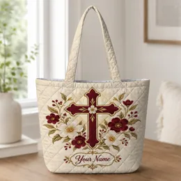 Burgundy Cross and Ivory Florals for Worship, Travel and Everyday Faithful Style Quilted Tote Bag