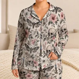 Skull Butterfly and Blush Blossom Motifs for Gothic Cottagecore Evenings at Home Satin Pajamas Set
