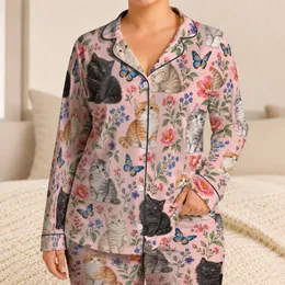 Whimsical Kittens, Wildflowers And Butterflies For Cozy Springtime Lounging At Home Satin Pajamas Set