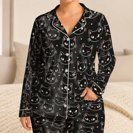 Playful Black Cat Faces for Cozy Spring Nights and Relaxed Home Lounging for Cat Lovers Satin Pajamas Set