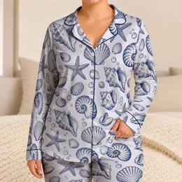 Navy Seashells and Starfish for Relaxed Coastal Getaways and Easy Summer Lounging Satin Pajamas Set
