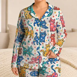 Colorful Polka Dot Cats for Cozy Home Lounging and Playful Summer Days for Women Satin Pajamas Set