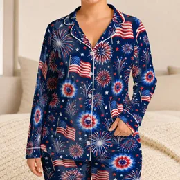 Red White And Blue Fireworks And Flags For Fourth Of July Summer Celebrations Satin Pajamas Set