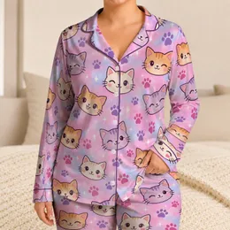 Pastel Cartoon Cat Faces and Paw Prints for Cozy Nights and Sweet Dreams for Young Girls Satin Pajamas Set