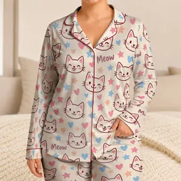 Playful Cat Faces and Pastel Hearts for Cozy Bedtime Moments and Sweet Dreams for Girls Satin Pajamas Set