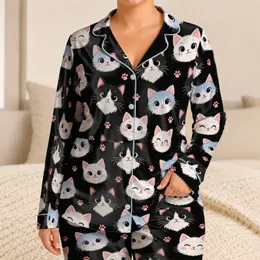 Black, White And Pale Blue Cat Faces For Cozy Bedtime And Sweet Little Girls Satin Pajamas Set