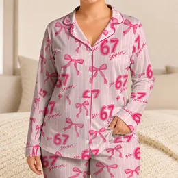 Pink Number 67 Bows and Stripes for Birthday Sleepovers and Cozy Kids’ Evenings Satin Pajamas Set