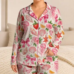 Pink Coastal Bows, Shells And Strawberries For Sweet Summer Holiday Lounging Days Satin Pajamas Set