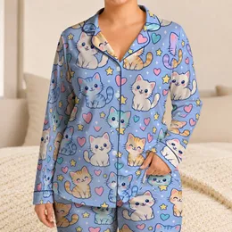 Pastel Cat Hearts and Stars for Cozy Summer Nights and Sweet Gifts for Girls Satin Pajamas Set