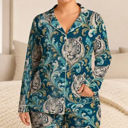 Blue White Tiger and Gold Scrolls for Mystical Lounging and Relaxed Evenings at Home Satin Pajamas Set
