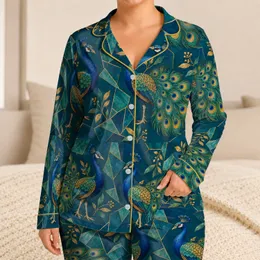 Peacock Feather Motifs for Relaxed Evenings and Colorful Weekend Lounging at Home Satin Pajamas Set