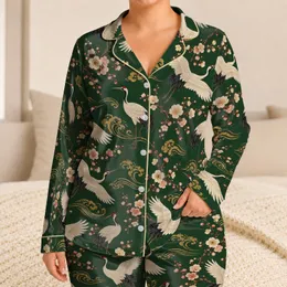 Cranes and Cherry Blossoms for Serene Getaways and Elegant Everyday Lounging Satin Pajamas Set