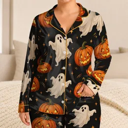 Glowing Jack-O'-Lanterns and Friendly Ghosts for Cozy Halloween Nights Satin Pajamas Set
