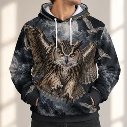 Owl in Moonlit Flight with Small Birds for Nature Lovers and Night Sky Enthusiasts All-over Print Hoodie (Lightweight)