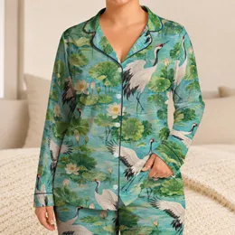 White Crane Lotus Pond Serenity for Relaxed Coastal Getaways and Nature Lovers at Home Satin Pajamas Set